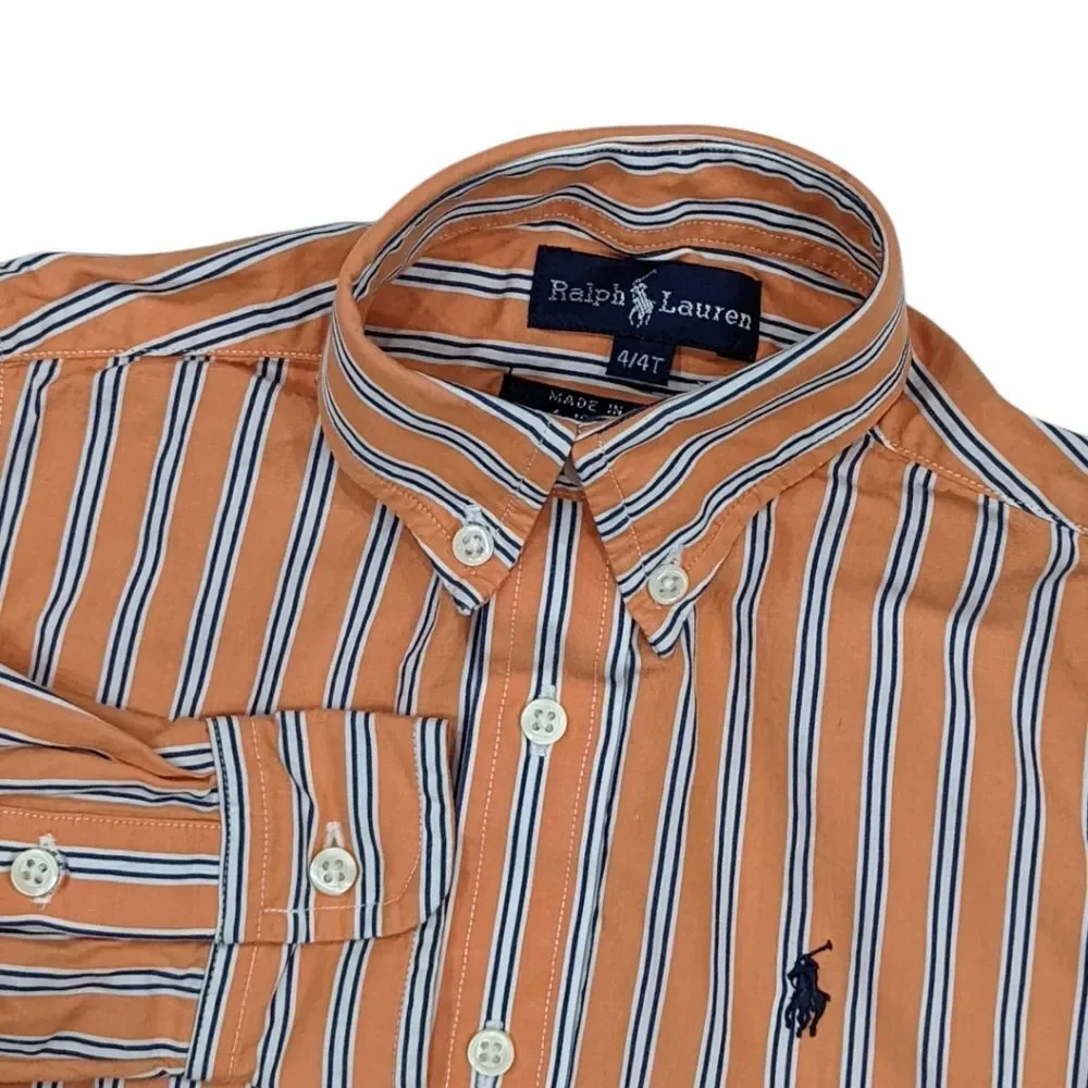 Ralph Lauren Orange White Striped Button Down Up Oxford Church Shirt Boys Size 4